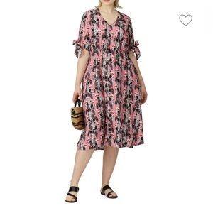 Eloquii Pink Floral Midi Dress with Tie Sleeves